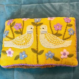 Vtg Bird Dove Crewel Work Yellow Floral Pillow